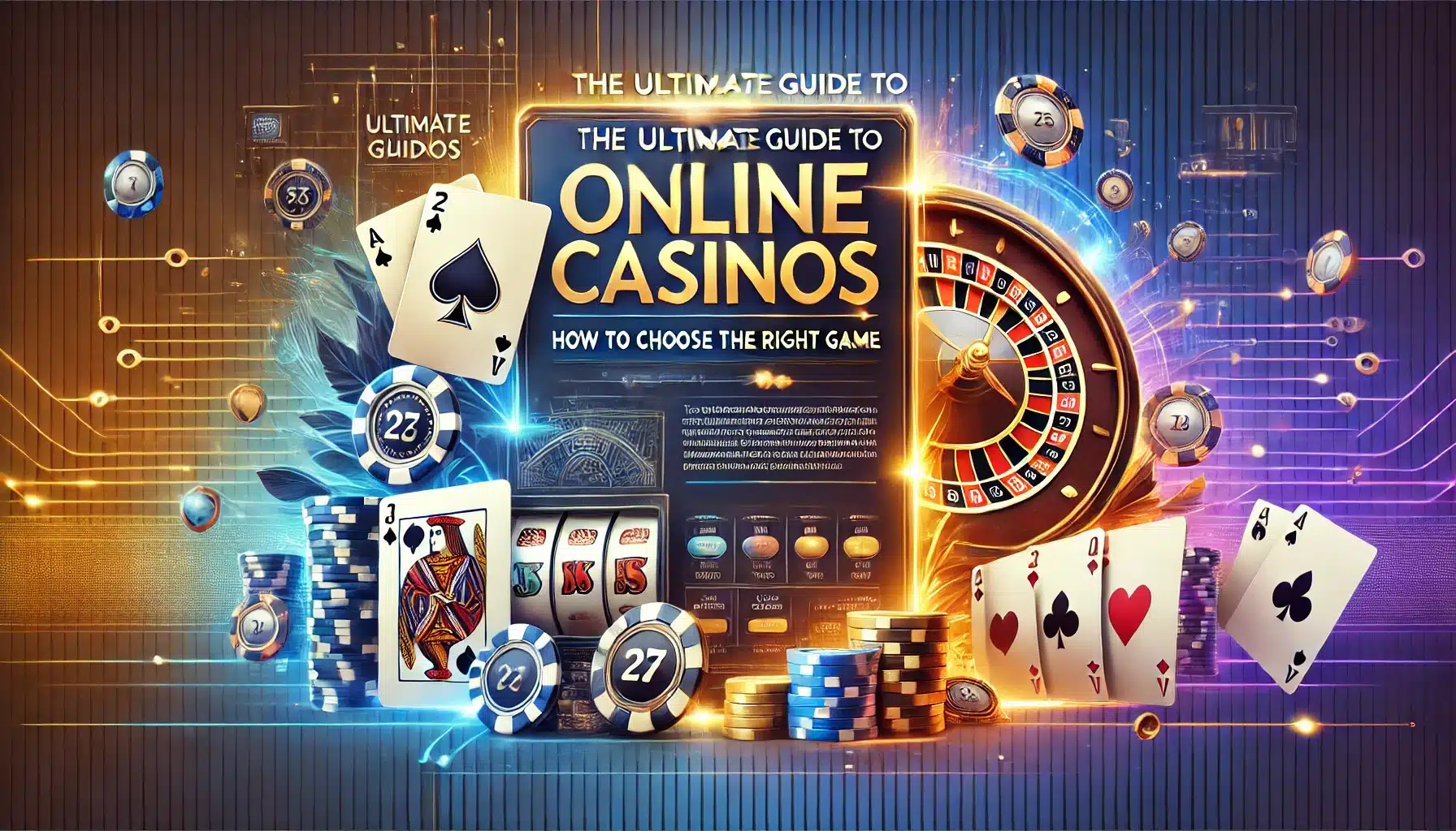 Blog banner for online casino guide with playing cards, poker chips, slot machine, and roulette wheel on a blue and gold digital background.