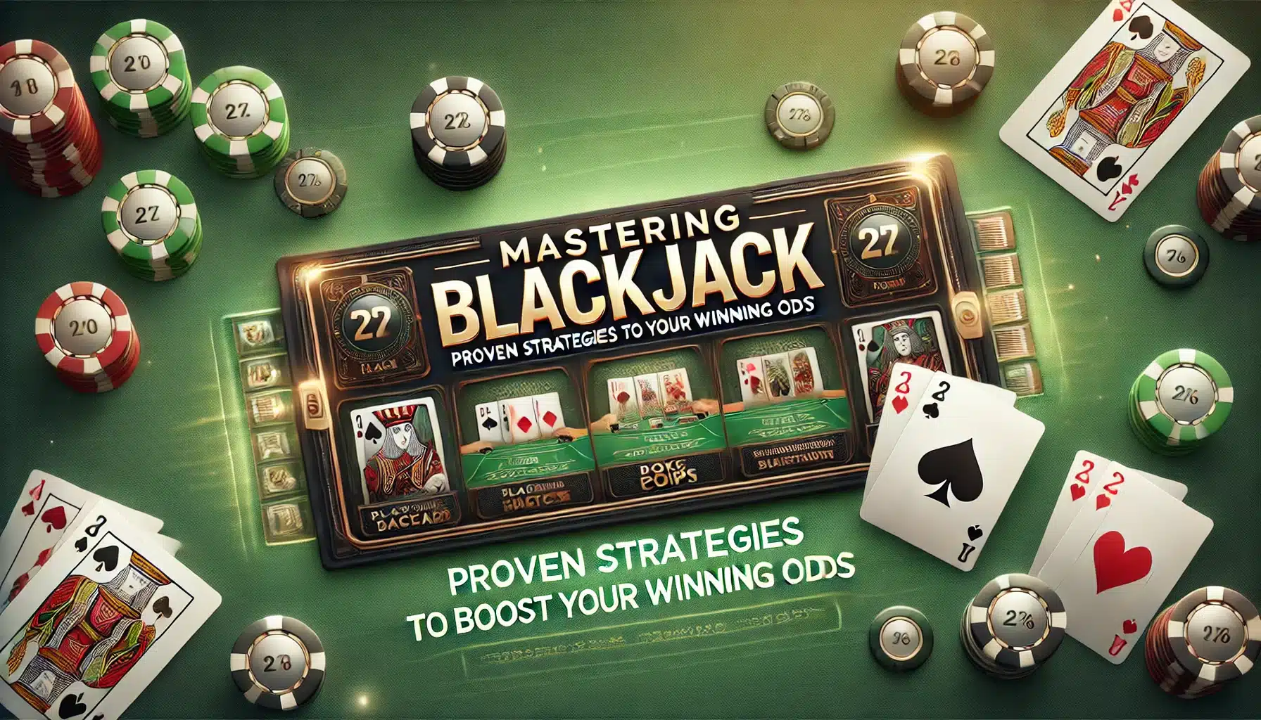 Rectangular blog banner for mastering blackjack strategies, featuring playing cards, poker chips, and a green felt blackjack table with gold accents and casino-inspired ambiance.